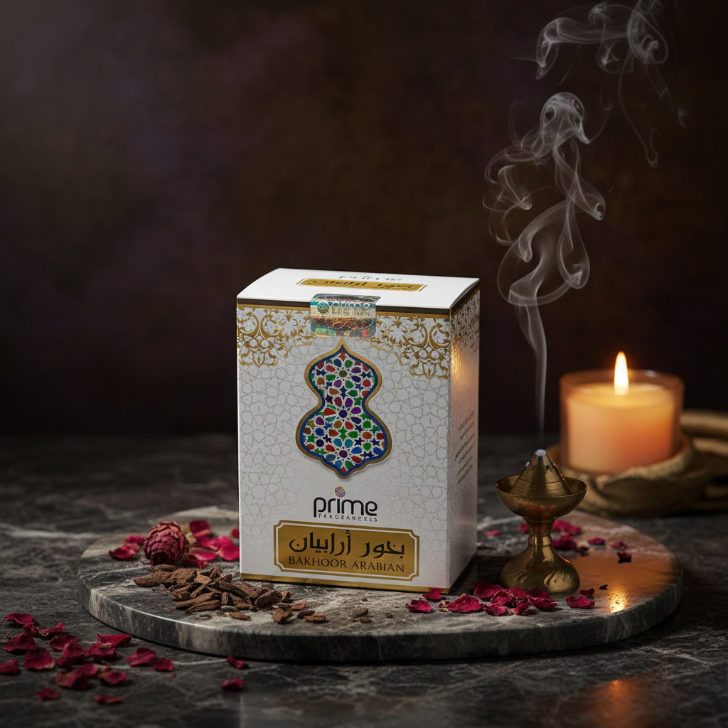Bakhoor Arabian incense box by Prime Fragrances styled with oud wood chips and rose petals in warm candlelight