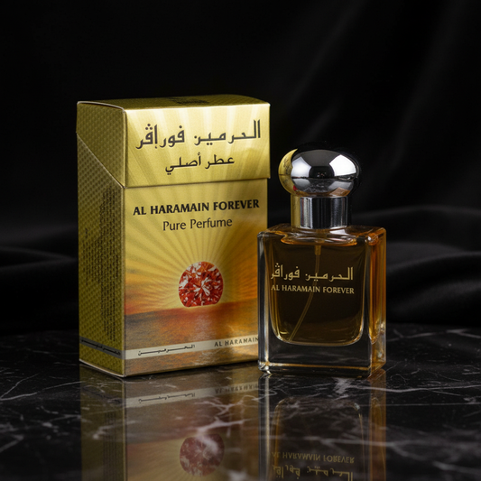 Al Haramain Forever Pure Perfume attar bottle with gold packaging