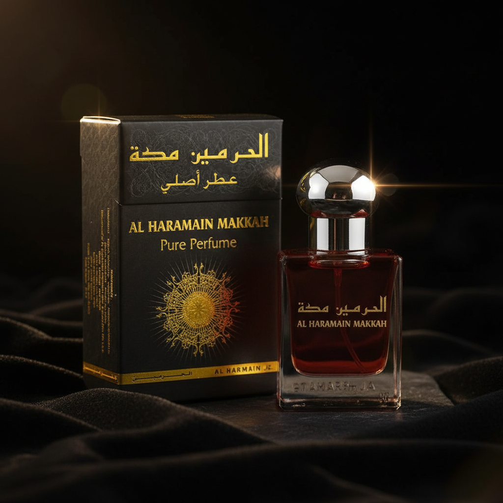 Al Haramain Makkah Pure Perfume attar bottle with black and gold packaging