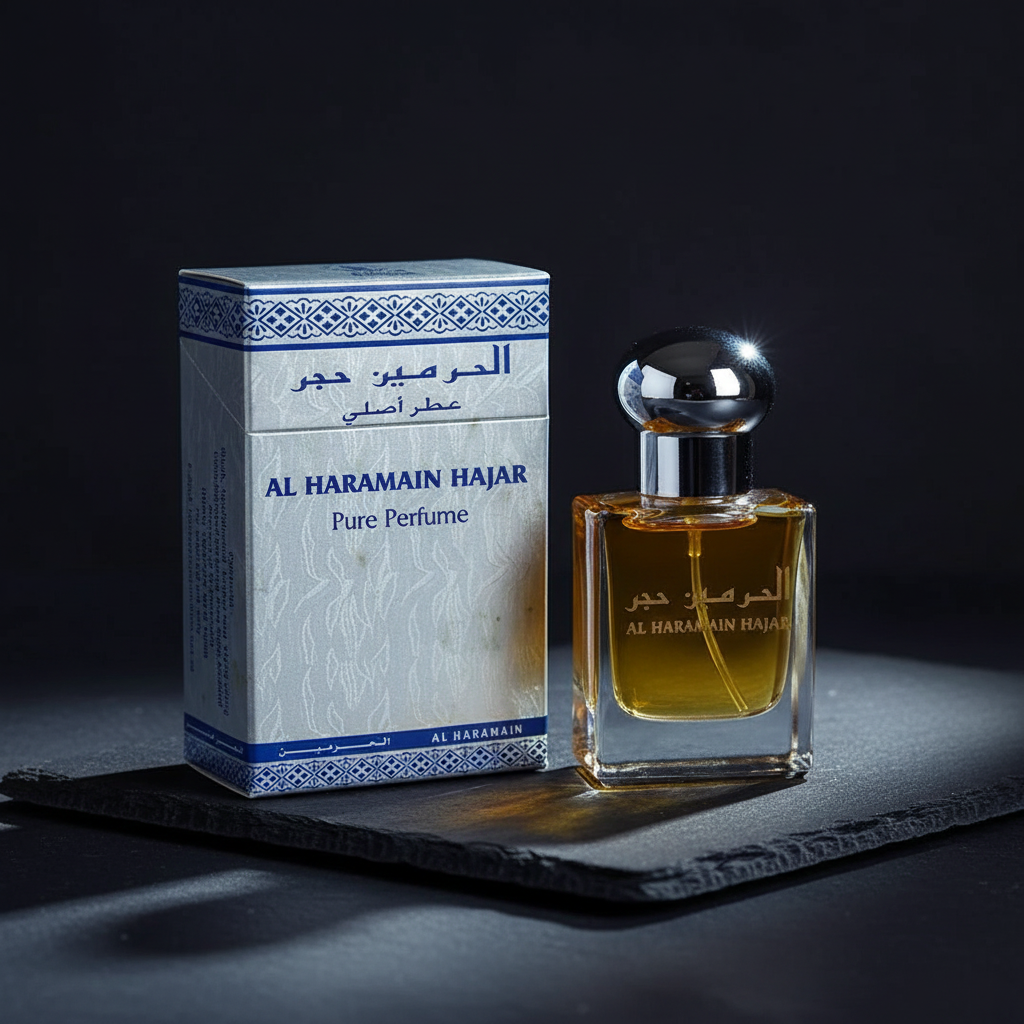 Al Haramain Hajar Pure Perfume attar bottle with blue and white packaging